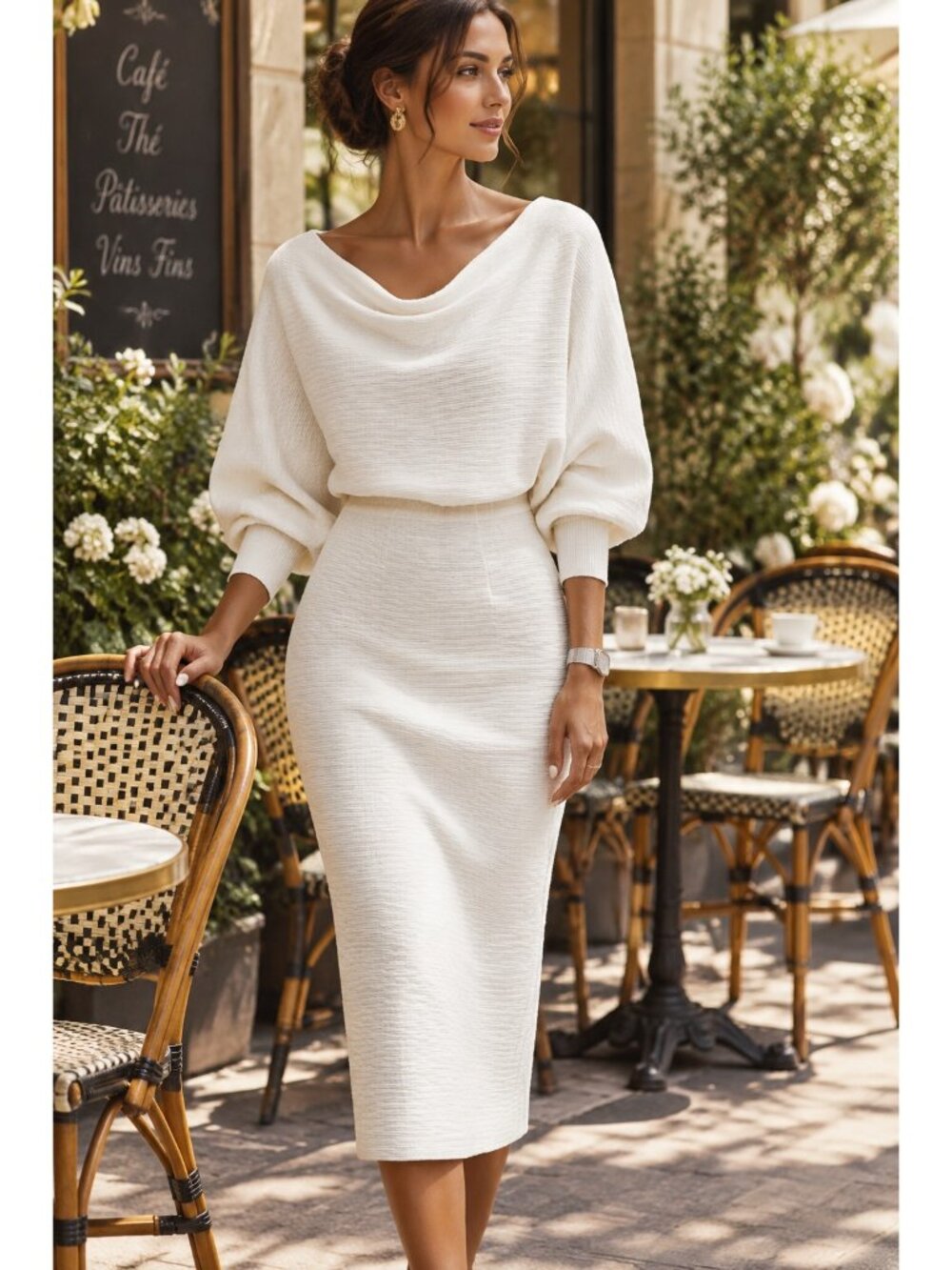 Knit Cotton Blend Ribbed Cowl Neck Bodycon Midi Sweater Dress Dolman Sleeve